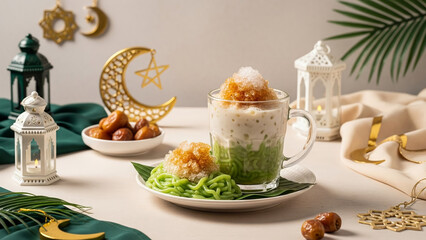 Ramadan Iftar Delight Refreshing Cendol and Dates on a Decorated Table