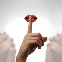 Surreal Close-Up of Finger Pressed to Lips Lip Print Artwork Shushing Gesture Concept for Silence, Secrecy and Mystery