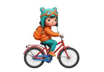 Cute cartoon child wearing a hat and backpack rides a bicycle
