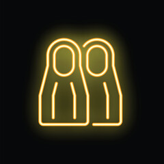 Neon icon of diving flippers glowing yellow on black background © ylivdesign