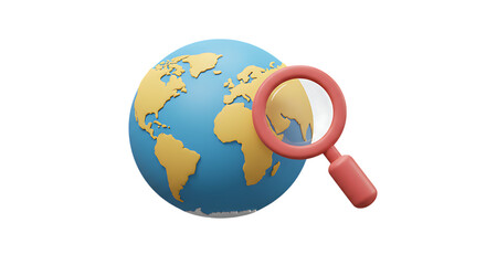 3d icon of a 3d illustration of a globe with a magnifying glass, isolated on transparent background