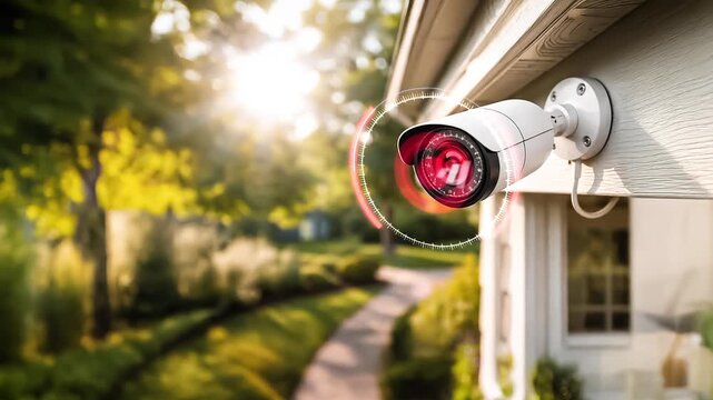 Advanced outdoor security camera mounted on a house exterior monitors a green residential garden, featuring AI scanning graphics, surveillance technology, home protection, smart monitoring, and safety