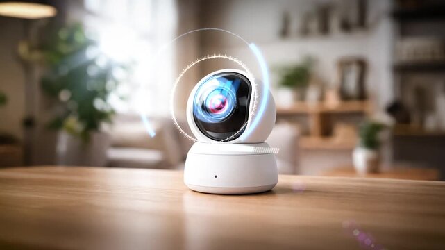 Futuristic smart home security camera with robotic design scans a modern living space, showing digital HUD elements, AI-powered surveillance, home automation technology, privacy, safety