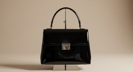 漆黒の艶が映えるエレガントなハンドバッグ 柔らかなスタジオ光が立体感を強調し高級感を演出する 光沢ある表面に反射する繊細なハイライトが洗練された美しさを際立たせる女性向けファッション小物. AI Generated