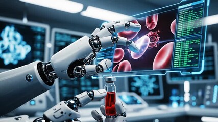 Robotic hand analyzing blood sample in futuristic lab - Powered by Adobe