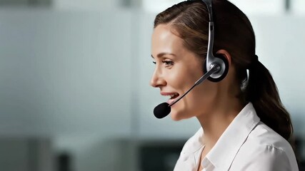Close-up profile of a smiling businesswoman wearing a headset in a blurred office background with a professional mood. - Powered by Adobe