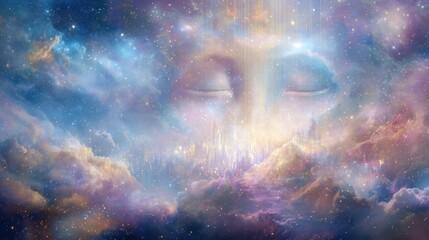 Mindfulness and innovation merge in a cosmic Buddha face over a glowing futuristic cityscape.