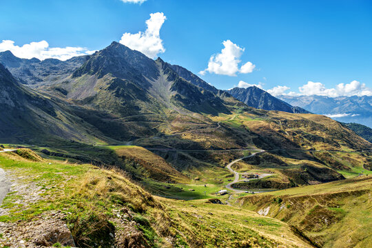 Driving up the Col du Tourmalet steep road, located in the Hautes-Pyrenees in France, famous Tour de France climb