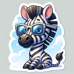 Cute zebra character wearing blue glasses sticker design with white border on cloud background in playful illustrated style