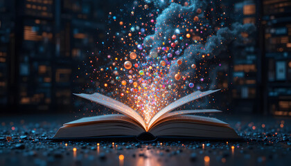 Enchanting Book with Colorful Light and Particles in Dark Library
