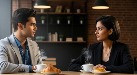 Young Indian Professionals Discussing Business Over Coffee in Modern Cafe