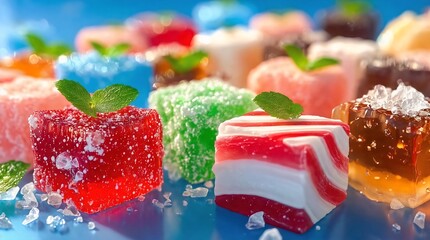 Assorted colorful gummy candies with sugar coating and mint, perfect for candy store promotions, party decor, or snack ads
