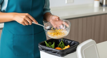 Woman Disposing Leftover Cereal into Kitchen Organic Waste Bin