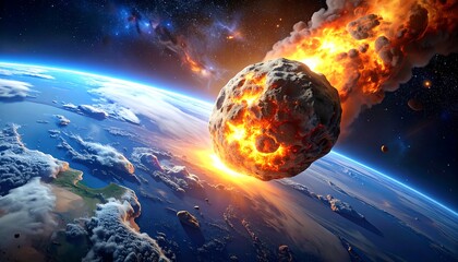 A colossal celestial body streaks toward Earth, its fiery impact igniting the atmosphere. Space, the planet, and a cosmic explosion are visible