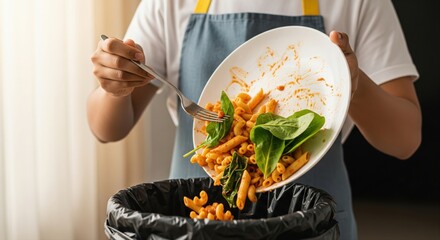 Person Discarding Leftover Pasta and Spinach Food Waste