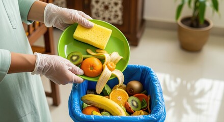Person in gloves disposing fruit peels into blue compost bin
