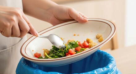 Person scraping food scraps from plate into trash can
