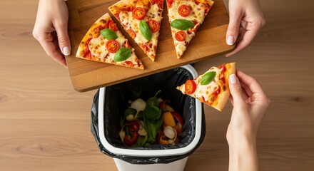 Food Waste: Discarding Pizza Slices into Organic Compost Bin