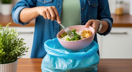 Person Disposing Food Waste into Trash Bin Bag
