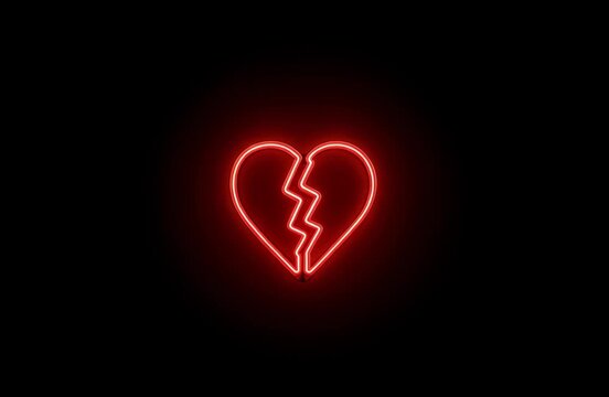 Broken heart animation, Red neon broken heart icon glowing in darkness.