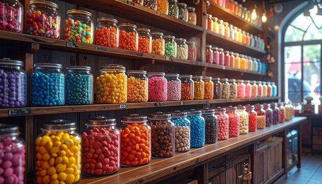 A colorful array of glass jars filled with assorted candies, arranged on wooden shelves in a candy store