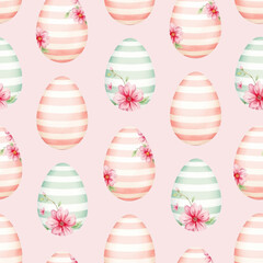 Seamless watercolor pattern with Easter eggs, delicate floral elements, in hand-painted style, for greeting cards, posters, wedding invitations, vector