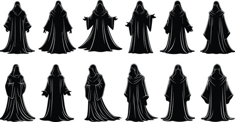 Hooded monk and wizard silhouette collection, mysterious robed fantasy characters monochrome vector illustration set for magic design, occult symbols, gothic game art © Shafik Creatives