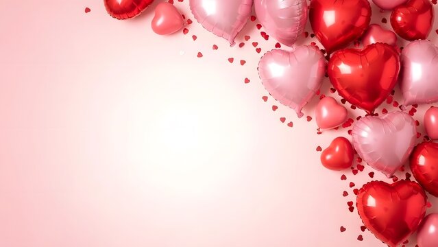 Valentines day heart balloons background with red and pink hearts for love and romance - Powered by Adobe