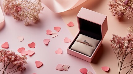 Open pink jewelry box with diamond engagement ring surrounded by heart confetti and delicate flowers on pastel background. Romantic proposal concept symbolizing love commitment