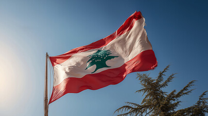 Lebanon National Flag Waving in the Wind Against Blue Sky at Sunset, Symbol of Middle Eastern Identity, Unity, Resilience and National Pride