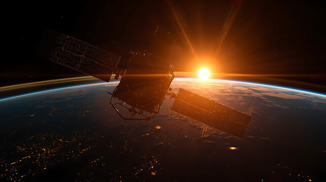 A highly realistic satellite orbiting Earth at sunrise shows detailed metallic components and extended solar panels against a glowing horizon. The Sun rises over Earth&rsquo;s edge, casting warm light and l