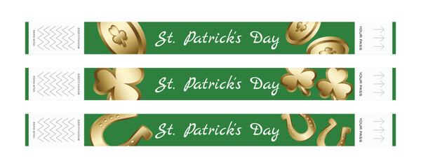 Set of green festival wristbands with shamrocks leprechaun gold coins and horseshoes for Irish celebrations