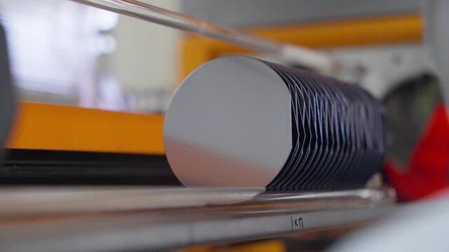 Automated semiconductor fabrication footage of a robotic handling system transporting stacked silicon wafers through equipment inside a cleanroom microfabrication environment.