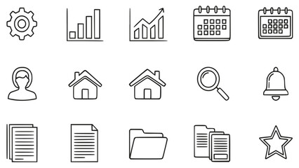 Collection of fifteen hand-drawn black and white line icons representing common interface elements for digital applications and websites.