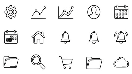 Collection of fifteen minimal outline icons featuring settings, charts, user profile, calendar, home, notifications, folders, search, cart, and cloud storage.