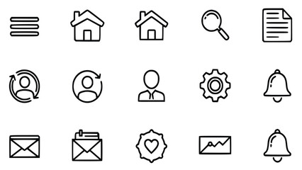 Collection of fifteen distinct, hand-drawn line icons representing essential user interface elements like navigation, settings, and communication tools.