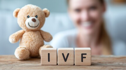 Teddy bear with wooden block letters spelling ivf on a table, symbolizing fertility treatment, hope, parenthood and reproductive medicine.