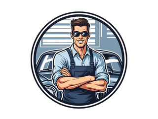 Vintage pin-up style male mechanic vector illustration leaning on classic car in retro garage, rolled sleeves, confident smile, flat solid colors, clean outlines, wrench logo badge