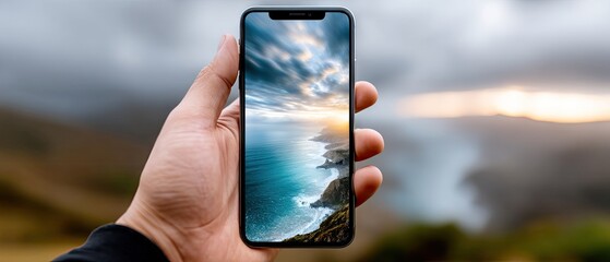Hand holds smartphone showing sunset over sea with clouds in evening view while standing in natural setting