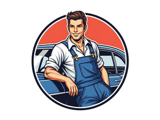 Vintage pin-up style male mechanic vector illustration leaning on classic car in retro garage, rolled sleeves, confident smile, flat solid colors, clean outlines, wrench logo badge