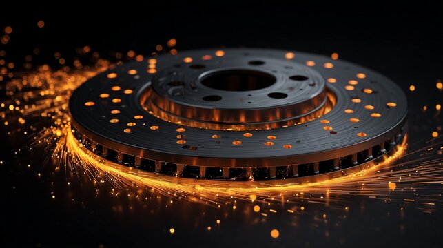 Brake rotor on workbench with spark and tool, representing brake maintenance and brake service.