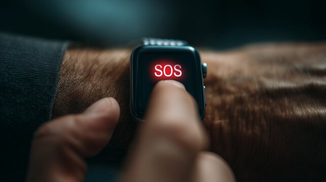 Finger pressing sos emergency button on smartwatch, showing urgent alert and wearable safety function.