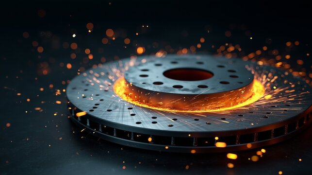 Glowing hot high-tech ceramic brake disc with ember and spark, symbolizing high-performance brake technology and thermal resilience.