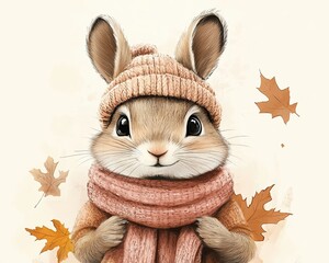 Cute rabbit wearing a scarf and hat in autumn.