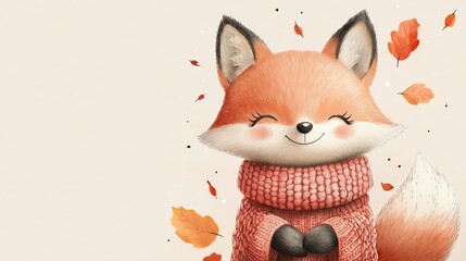 Cute fox wearing a cozy sweater in autumn leaves.