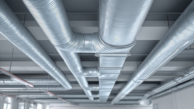 Exposed metal duct, ceiling plenum and diffuser in commercial hvac repair and installation setting, indicating ventilation, airflow and mechanical system work.