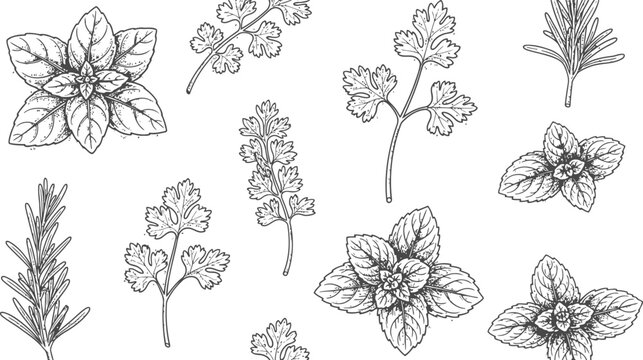 Hand-Drawn Herbs Collection: Basil, Mint, Rosemary, Cilantro Leaves