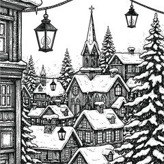 Fototapeta premium Winter Village Scene with Snow-Covered Houses and Lanterns in Hand-Drawn Style