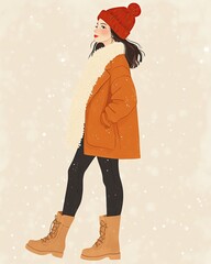 Stylish woman in winter outfit enjoying snowfall.