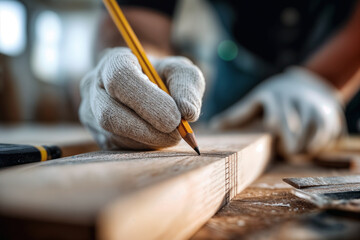 Carpenter's Gloved Hand Precisely Marking Wood with Pencil in Workshop